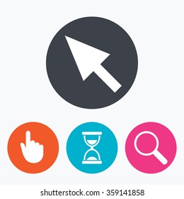 Mouse cursor and hand pointer icons. Hourglass and magnifier glass navigation sign symbols. Circle flat buttons with icon.
