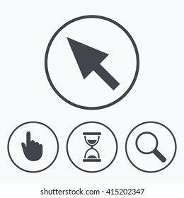 Mouse cursor and hand pointer icons. Hourglass and magnifier glass navigation sign symbols. Icons in circles.