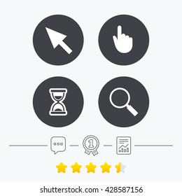 Mouse cursor and hand pointer icons. Hourglass and magnifier glass navigation sign symbols. Chat, award medal and report linear icons. Star vote ranking. Vector