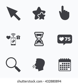 Mouse cursor and hand pointer icons. Hourglass and magnifier glass navigation sign symbols. Flat talking head, calendar icons. Stars, like counter icons. Vector