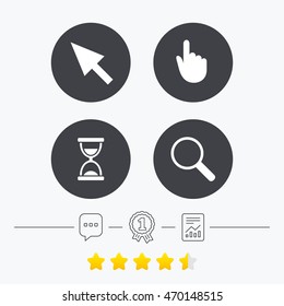 Mouse cursor and hand pointer icons. Hourglass and magnifier glass navigation sign symbols. Chat, award medal and report linear icons. Star vote ranking. Vector