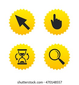 Mouse cursor and hand pointer icons. Hourglass and magnifier glass navigation sign symbols. Yellow stars labels with flat icons. Vector