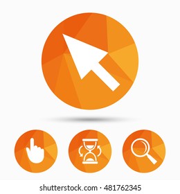 Mouse cursor and hand pointer icons. Hourglass and magnifier glass navigation sign symbols. Triangular low poly buttons with shadow. Vector