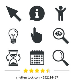 Mouse cursor and hand pointer icons. Hourglass and magnifier glass navigation sign symbols. Information, light bulb and calendar icons. Investigate magnifier. Vector