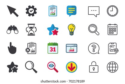 Mouse cursor and hand pointer icons. Hourglass and magnifier glass navigation sign symbols. Chat, Report and Calendar signs. Stars, Statistics and Download icons. Question, Clock and Globe. Vector