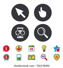Mouse cursor and hand pointer icons. Hourglass and magnifier glass navigation sign symbols. Calendar, Information and Download signs. Stars, Award and Book icons. Light bulb, Shield and Search. Vector
