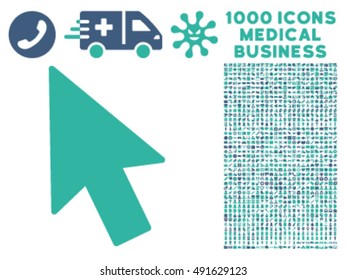 Mouse Cursor icon with 1000 medical commerce cobalt and cyan vector design elements. Design style is flat bicolor symbols, white background.