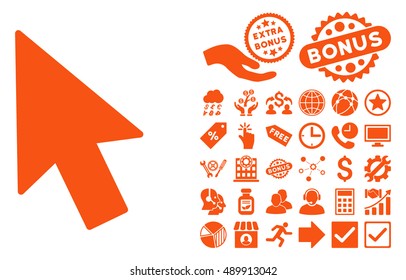 Mouse Cursor icon with bonus elements. Vector illustration style is flat iconic symbols, orange color, white background.