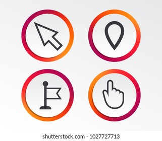 Mouse cursor icon. Hand or Flag pointer symbols. Map location marker sign. Infographic design buttons. Circle templates. Vector