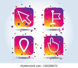 Mouse cursor icon. Hand or Flag pointer symbols. Map location marker sign. Colour gradient square buttons. Flat design concept. Vector