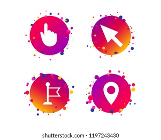 Mouse cursor icon. Hand or Flag pointer symbols. Map location marker sign. Gradient circle buttons with icons. Random dots design. Vector