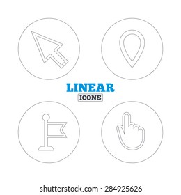 Mouse cursor icon. Hand or Flag pointer symbols. Map location marker sign. Linear outline web icons. Vector