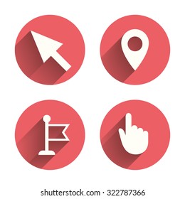 Mouse cursor icon. Hand or Flag pointer symbols. Map location marker sign. Pink circles flat buttons with shadow. Vector