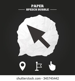 Mouse cursor icon. Hand or Flag pointer symbols. Map location marker sign. Paper speech bubble with icon.