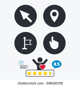 Mouse cursor icon. Hand or Flag pointer symbols. Map location marker sign. Star vote ranking. Client like and think bubble. Quotes with message.