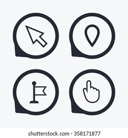 Mouse cursor icon. Hand or Flag pointer symbols. Map location marker sign. Flat icon pointers.