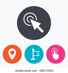 Mouse cursor icon. Hand or Flag pointer symbols. Map location marker sign. Circle flat buttons with icon.