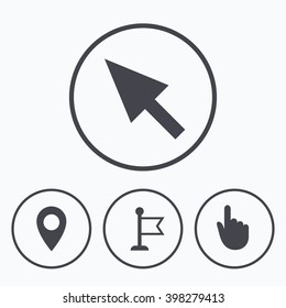 Mouse cursor icon. Hand or Flag pointer symbols. Map location marker sign. Icons in circles.
