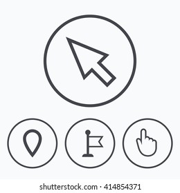 Mouse cursor icon. Hand or Flag pointer symbols. Map location marker sign. Icons in circles.