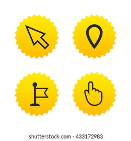 Mouse cursor icon. Hand or Flag pointer symbols. Map location marker sign. Yellow stars labels with flat icons. Vector