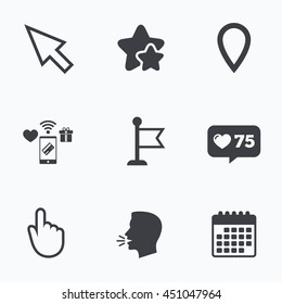 Mouse cursor icon. Hand or Flag pointer symbols. Map location marker sign. Flat talking head, calendar icons. Stars, like counter icons. Vector