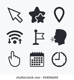 Mouse cursor icon. Hand or Flag pointer symbols. Map location marker sign. Wifi internet, favorite stars, calendar and clock. Talking head. Vector