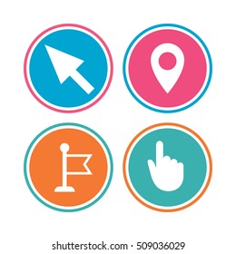Mouse cursor icon. Hand or Flag pointer symbols. Map location marker sign. Colored circle buttons. Vector