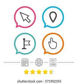 Mouse cursor icon. Hand or Flag pointer symbols. Map location marker sign. Calendar, internet globe and report linear icons. Star vote ranking. Vector