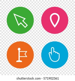 Mouse cursor icon. Hand or Flag pointer symbols. Map location marker sign. Round buttons on transparent background. Vector