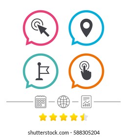 Mouse cursor icon. Hand or Flag pointer symbols. Map location marker sign. Calendar, internet globe and report linear icons. Star vote ranking. Vector