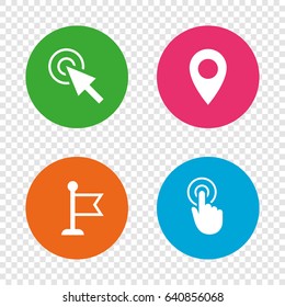 Mouse cursor icon. Hand or Flag pointer symbols. Map location marker sign. Round buttons on transparent background. Vector