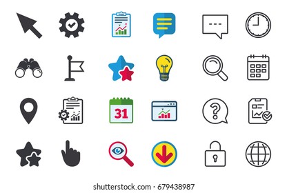 Mouse cursor icon. Hand or Flag pointer symbols. Map location marker sign. Chat, Report and Calendar signs. Stars, Statistics and Download icons. Question, Clock and Globe. Vector