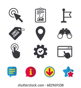 Mouse cursor icon. Hand or Flag pointer symbols. Map location marker sign. Browser window, Report and Service signs. Binoculars, Information and Download icons. Stars and Chat. Vector