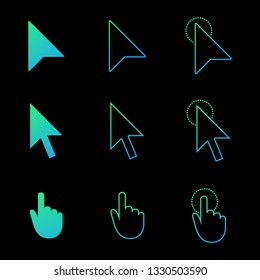 mouse cursor icon set , arrow and hand in modern gradient style. click and link web icons. Vector illustration isolated on black background.