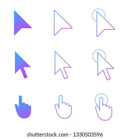 mouse cursor icon set , arrow and hand in modern gradient style. click and link web icons. Vector illustration isolated on white background.