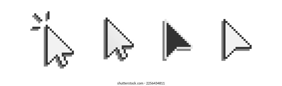 Conjunto de iconos del cursor del ratón. Símbolo de flecha pixelado en blanco y negro. Haciendo clic en el signo del puntero. Viejo ordenador, web de surf, estilo retro. Diseño plano. 