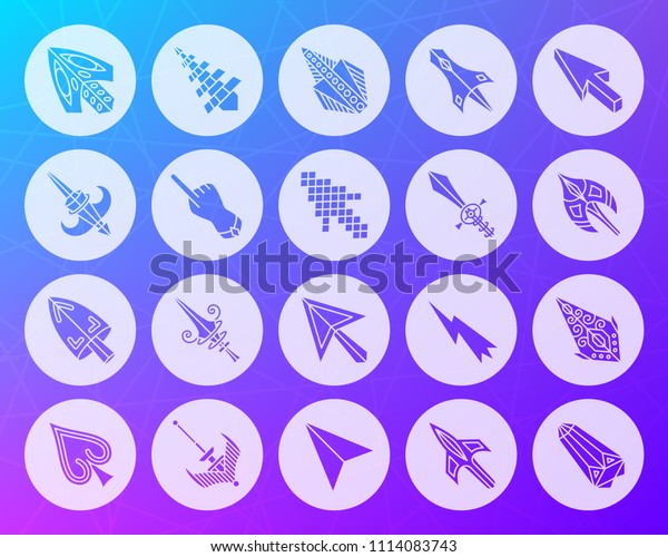 Mouse Cursor icons set. Purple sign kit of\
arrow. Click pictogram collection includes pointer, sword, hand.\
Simple mouse cursor vector symbol. Icon shape carved from circle on\
violet background