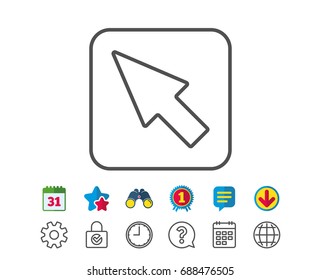 Mouse Cursor line icon. Pointer sign. Click arrow symbol. Calendar, Globe and Chat line signs. Binoculars, Award and Download icons. Editable stroke. Vector