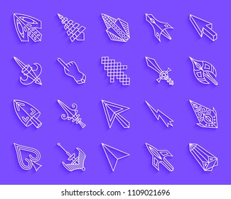 Mouse Cursor paper cut line icons set. 3D web sign kit of arrow. Click linear pictogram collection includes pointer, button, lightning. Simple mouse cursor vector icon shape. Material design symbol