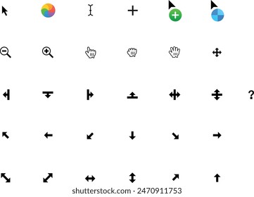 Mouse cursor pointer anchor click collection set symbol icon basic os icon. Clicking pointing hand clicks and waiting loading icons. Website arrows or hands cursors tools, computer ui text box zoom in