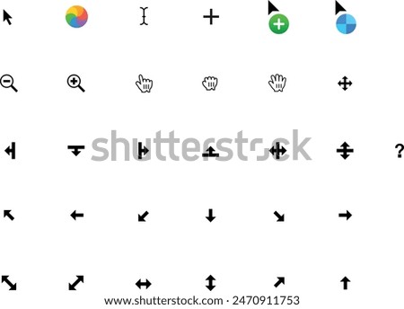 Mouse cursor pointer anchor click collection set symbol icon basic os icon. Clicking pointing hand clicks and waiting loading icons. Website arrows or hands cursors tools, computer ui text box zoom in