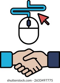 A mouse cursor is pointing to a handshake between two people. Concept of collaboration and agreement between the two individuals