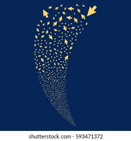 Mouse Cursor random fireworks stream. Vector illustration style is flat yellow iconic symbols on a blue background. Object fountain created from scattered pictograms.