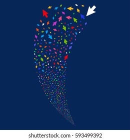 Mouse Cursor random fireworks stream. Vector illustration style is flat bright multicolored iconic symbols on a blue background. Object fountain combined from scattered design elements.