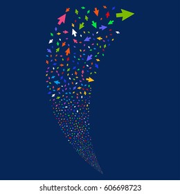 Mouse Cursor random fireworks stream. Vector illustration style is flat bright multicolored iconic symbols on a blue background. Object fountain made from scattered icons.
