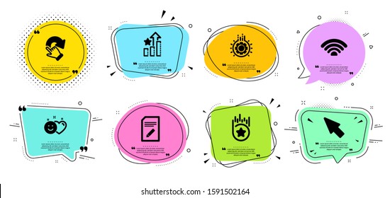 Mouse cursor, Ranking stars and Edit document line icons set. Chat bubbles with quotes. Wifi, Gear and Loyalty star signs. Rotation gesture, Smile symbols. Click arrow, Winner results. Vector