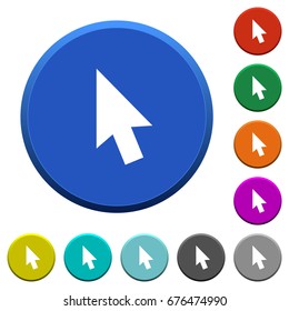 Mouse cursor round color beveled buttons with smooth surfaces and flat white icons