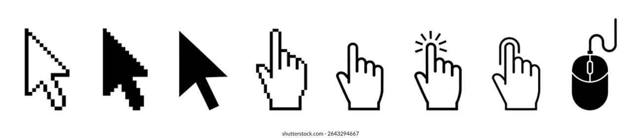 Mouse cursor set. Arrows web cursors, digital hand pointers. Arrow cursor pixel digital, web pointing and hourglass illustration.