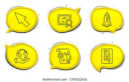 Mouse cursor sign. Diploma certificate, save planet chat bubbles. Coffee vending, Settings blueprint and Rocket line icons set. Coffee vending machine, Engineering cogwheel, Spaceship. Vector