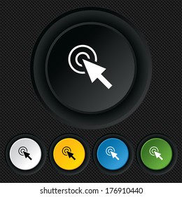 Mouse cursor sign icon. Pointer symbol. Round colourful buttons on black texture. Vector